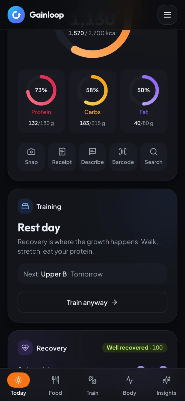 The recovery card: sleep bars for the week, resting heart rate and HRV trends